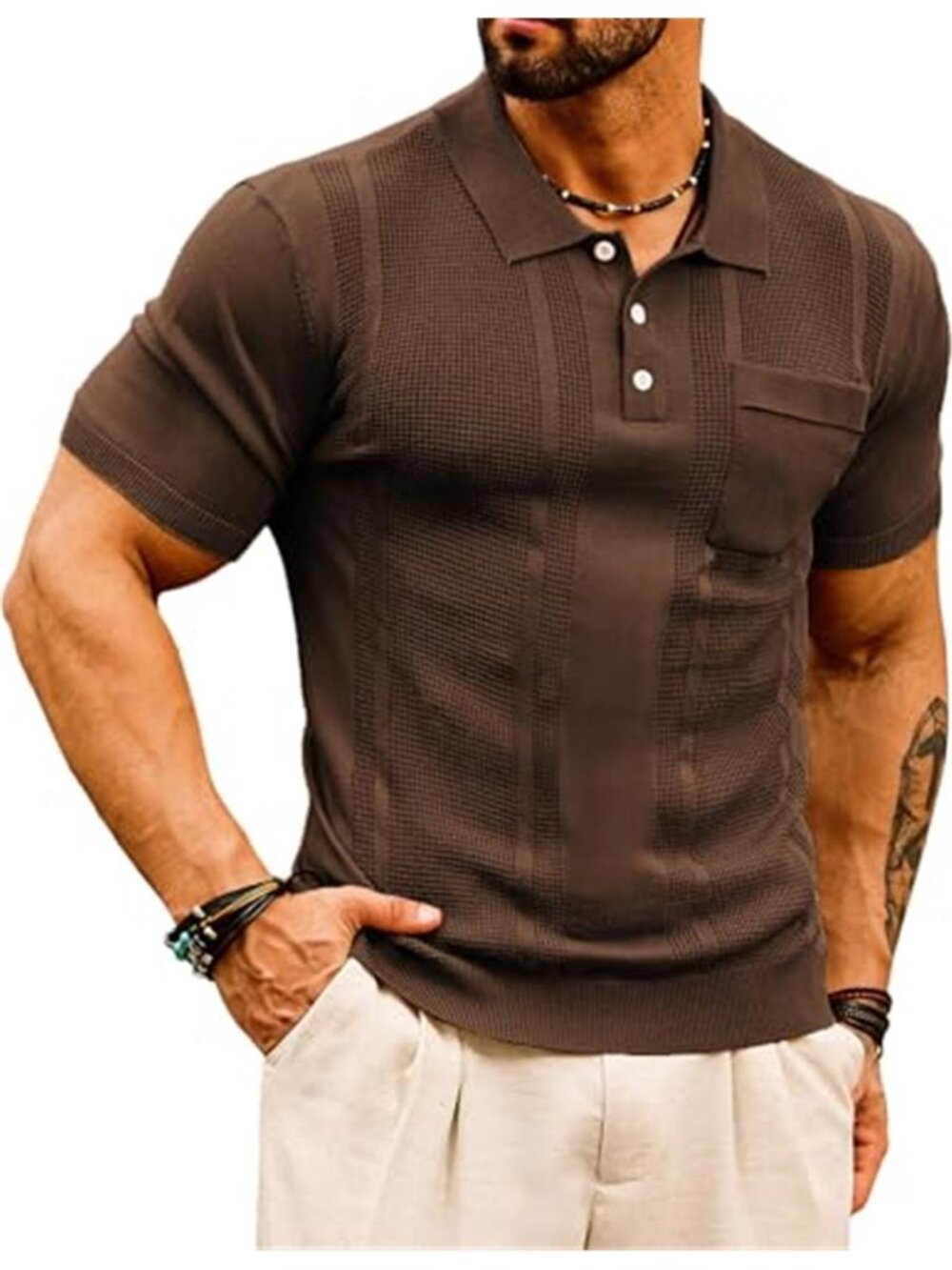 Mens Knit Polo Shirt Waffle Textured Short Sleeve Golf Casual Retro Top